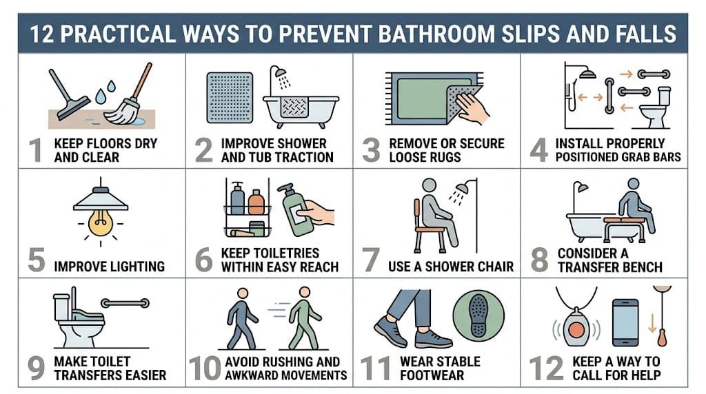 Chart showing 12 practical ways to prevent bathroom slips and falls