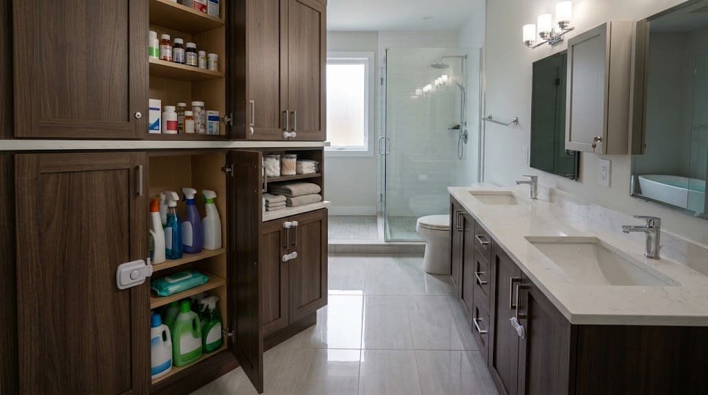 Bathroom medicines and cleaning products stored safely in closed cabinets