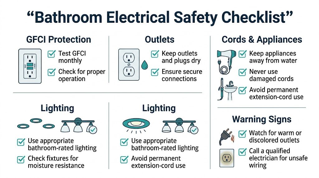Bathroom electrical safety checklist for GFCI outlets, cords, appliances, and lighting