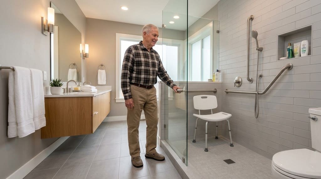 Older adult using a grab bar beside a shower chair in a safer bathroom