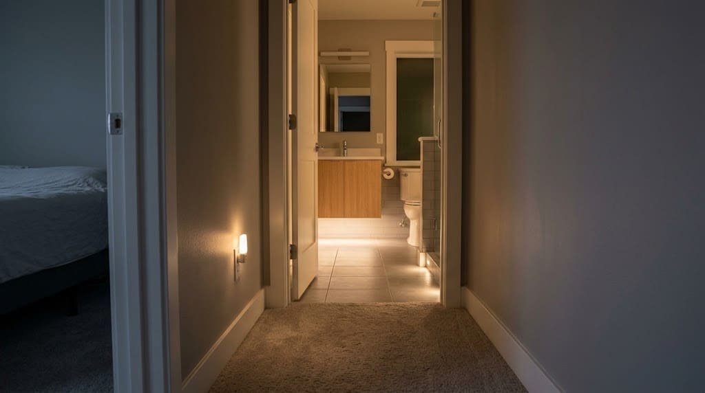 Well-lit bedroom-to-bathroom path with nighttime lighting and a clear walking route