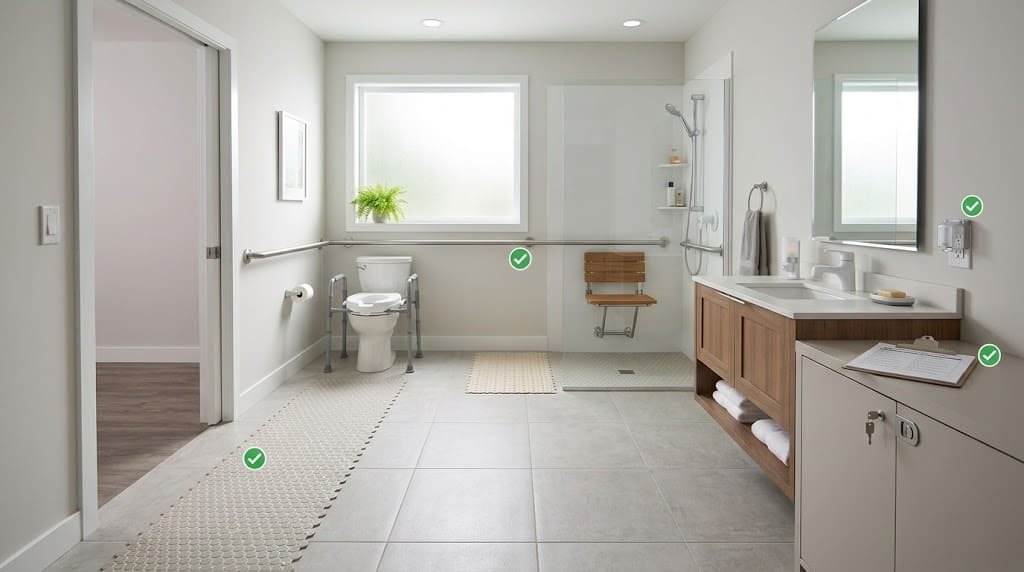 Bathroom safety checklist showing a secure floor, toilet, shower, lighting, and storage areas