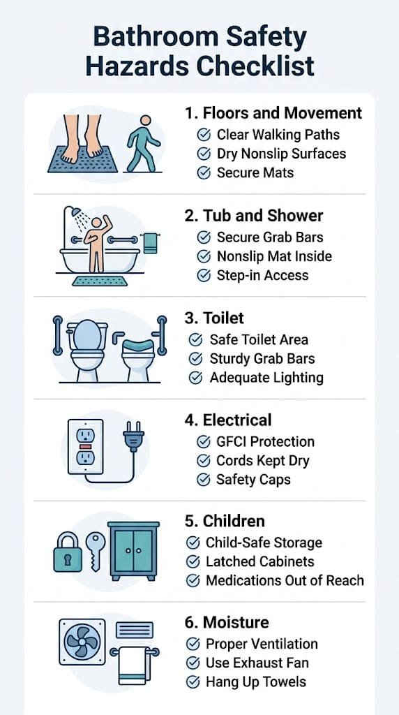 Bathroom safety hazards checklist covering floors, shower, toilet, electrical, children, and moisture