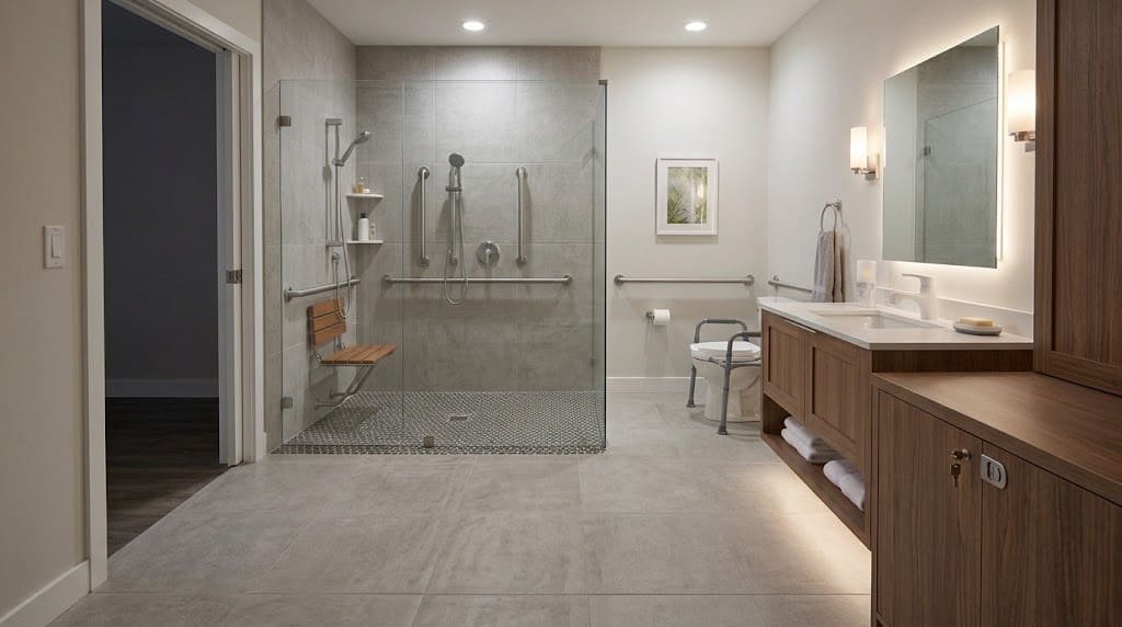 Accessible bathroom with grab bars, walk-in shower, shower seat, and clear pathways