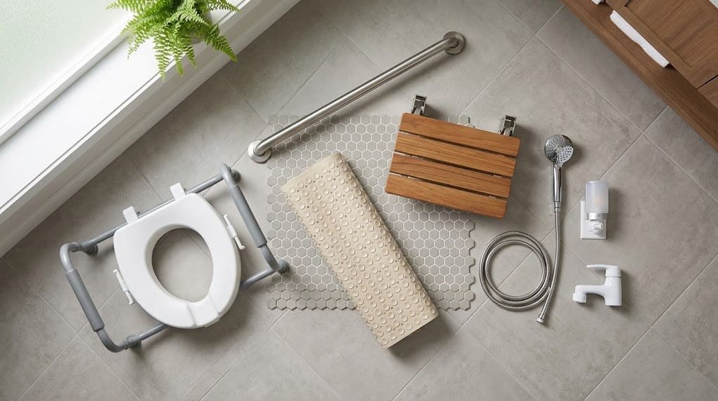 Bathroom safety products including grab bars, shower seat, nonslip mat, and toilet safety equipment