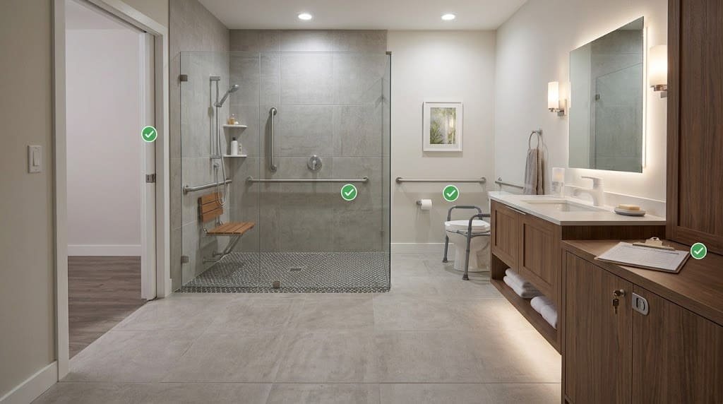 Bathroom safety remodel with a low-threshold shower, grab bars, shower seat, and accessible layout