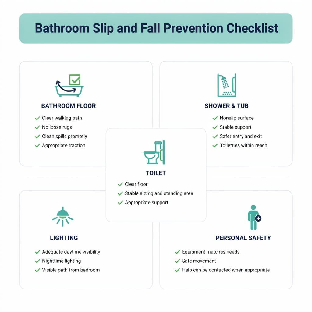 Bathroom slip and fall prevention checklist covering floors, shower, toilet, lighting, and personal safety