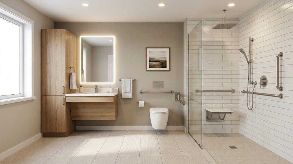 Bathroom designed to help prevent slips and falls with grab bars, nonslip flooring, and clear walkways