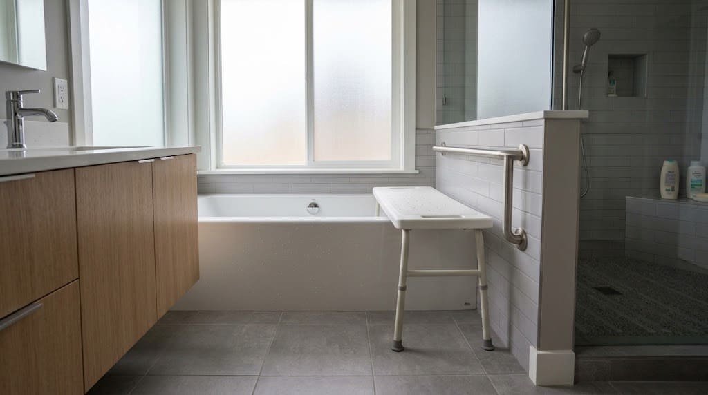Bathtub with transfer bench, grab bar, and clear dry floor for safer entry and exit