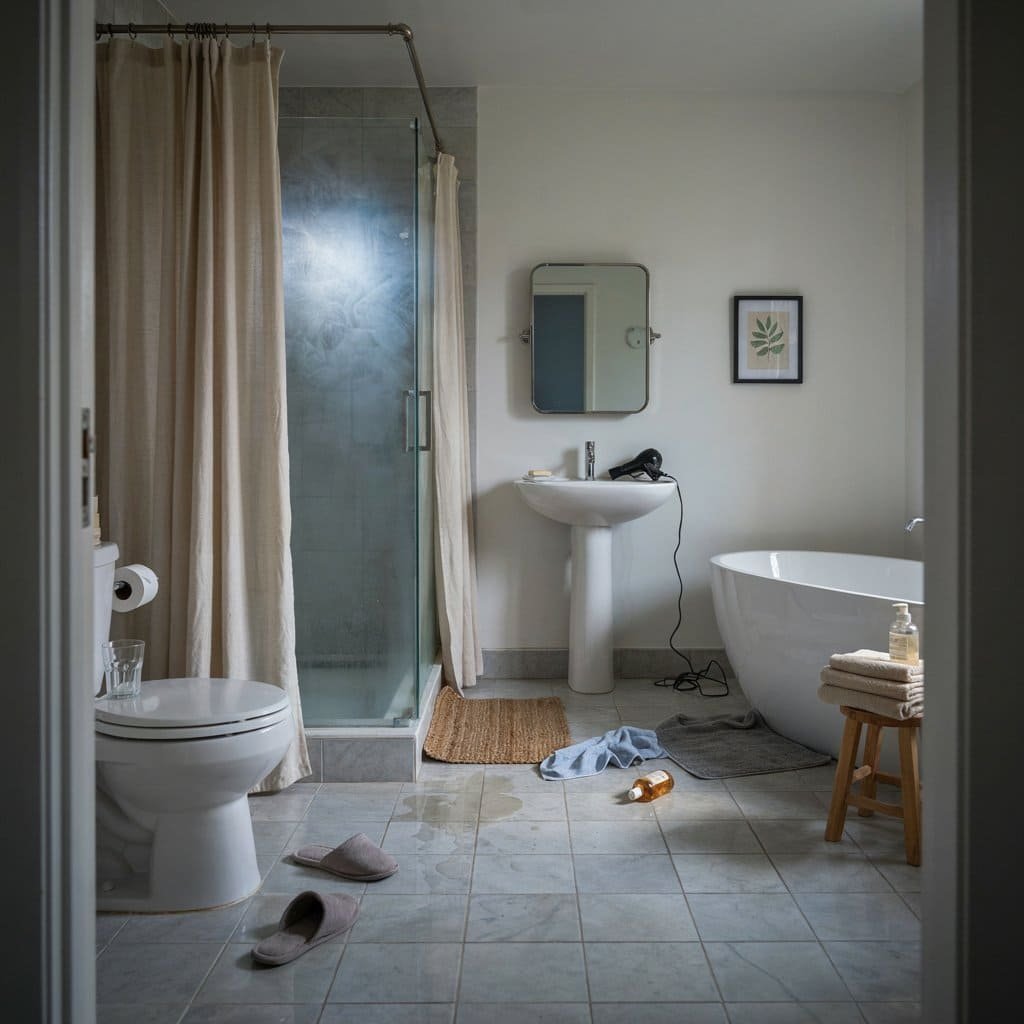Common bathroom safety hazards including wet floors, clutter, poor lighting, and unsafe bathroom setups
