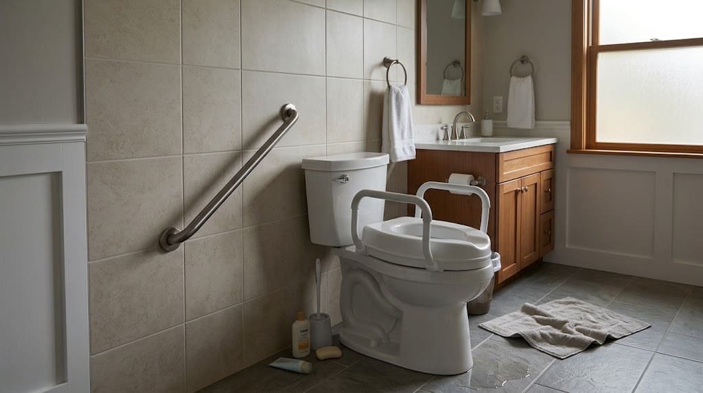 Common toilet safety hazards including a wet floor, loose rug, clutter, and poor lighting