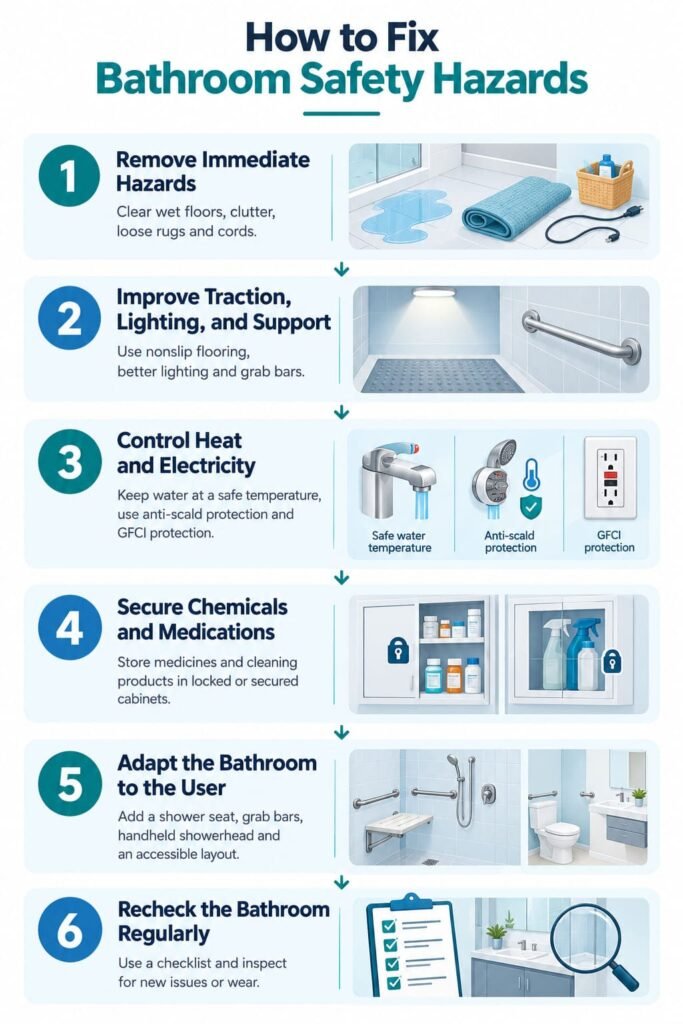 Six-step bathroom safety plan for removing hazards, improving support, controlling heat, securing products, and checking the bathroom