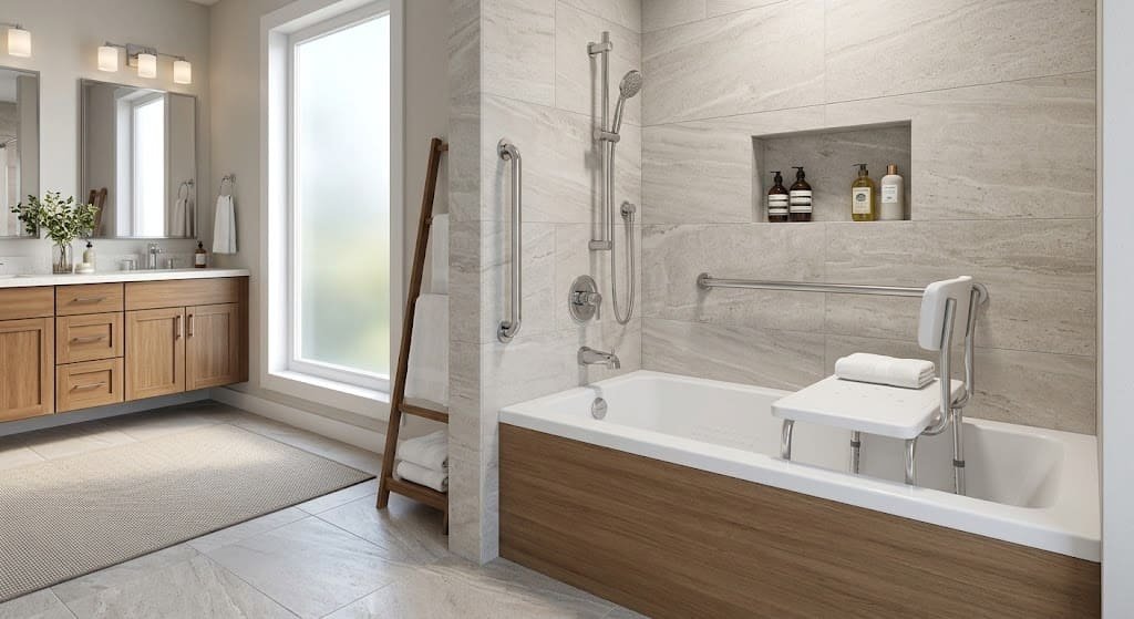 Safer bathtub with grab bars, transfer bench, nonslip surface, and handheld showerhead
