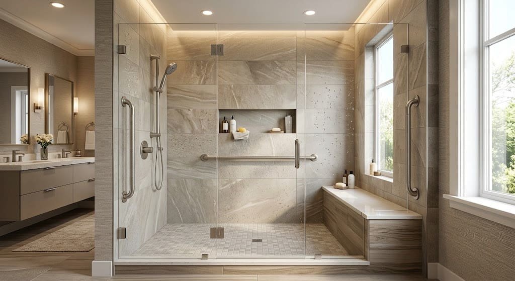 Safer shower with grab bars, nonslip flooring, shower seat, and handheld showerhead