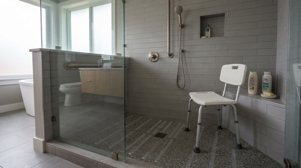 Walk-in shower with nonslip flooring, grab bar, shower chair, and accessible toiletries