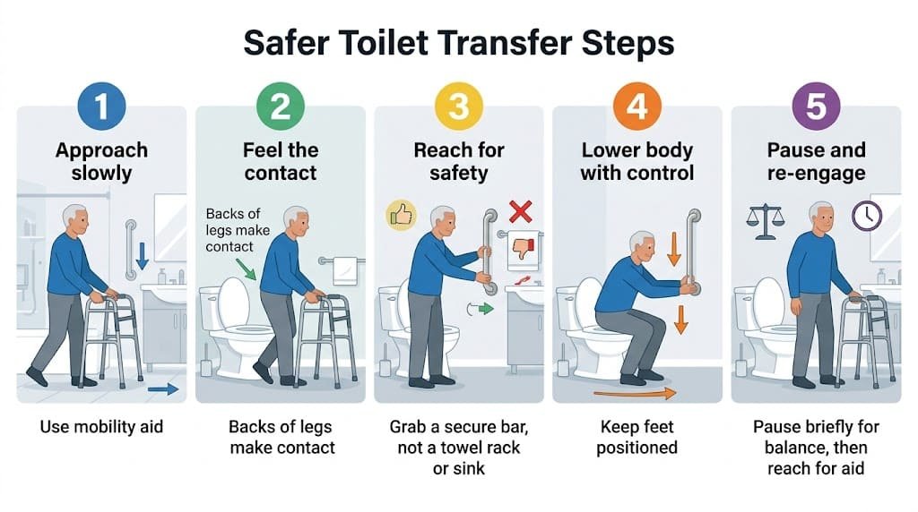 Step-by-step toilet transfer safety guide showing how to sit down and stand up safely