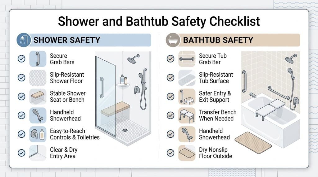 Shower and bathtub safety checklist with grab bars, nonslip surfaces, and bathing supports