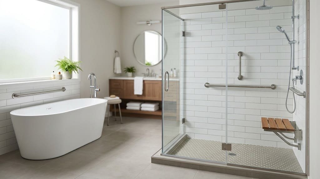 Safe shower and bathtub with grab bars, nonslip flooring, and a shower seat