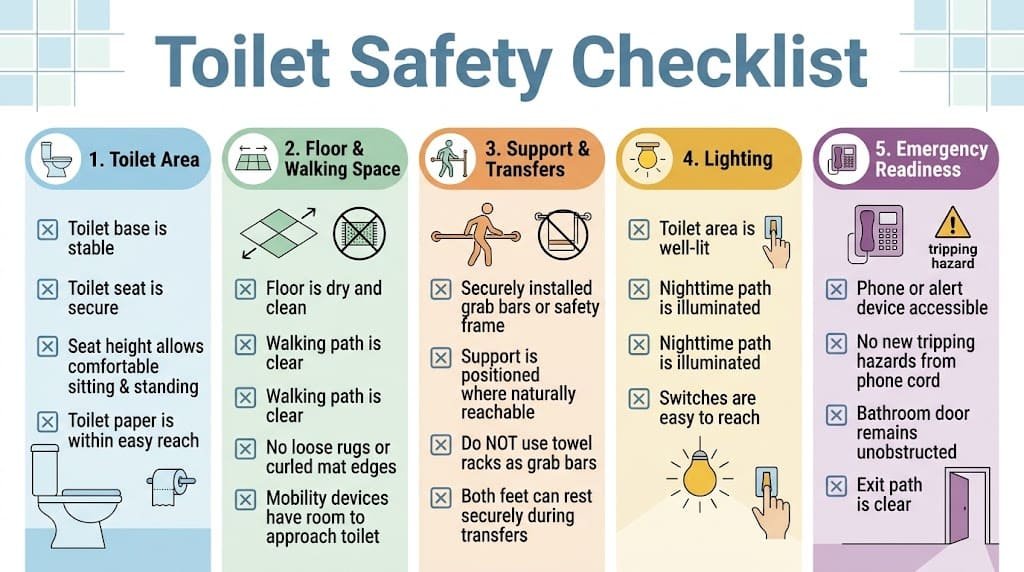 Toilet safety checklist covering toilet stability, floor hazards, support, lighting, and emergency readiness