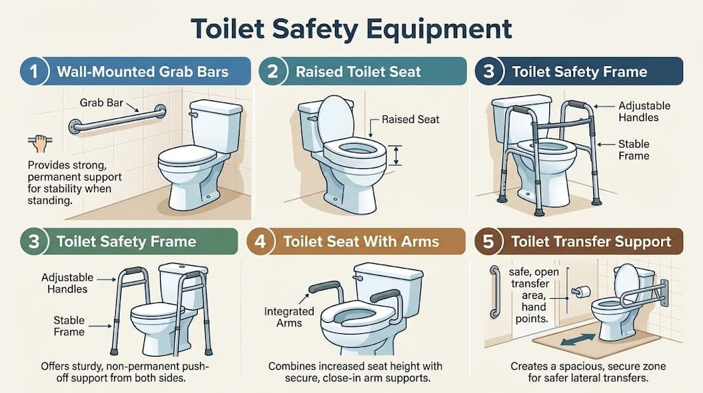 Types of toilet safety equipment including grab bars, raised toilet seats, and safety frames