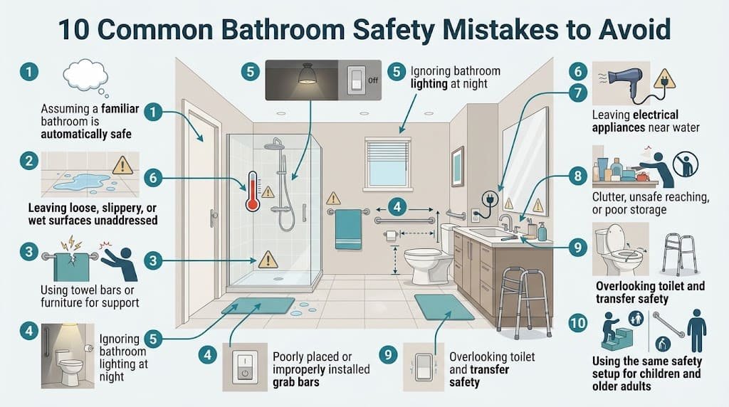 Infographic showing 10 common bathroom safety mistakes including slippery surfaces, unsafe support, poor lighting, hot water, electrical hazards, clutter, and transfer risks