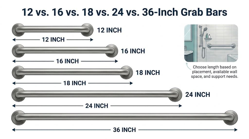 Infographic comparing 12, 16, 18, 24, and 36-inch bathroom grab bars by length.