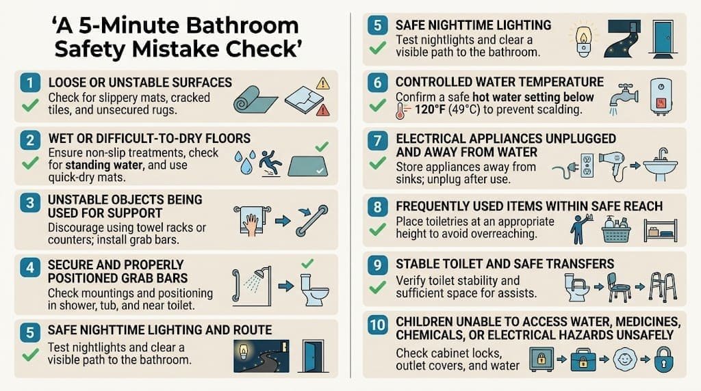 Chart showing a 5-minute bathroom safety check for floors, support, lighting, water temperature, electrical hazards, storage, toilet safety, and child safety