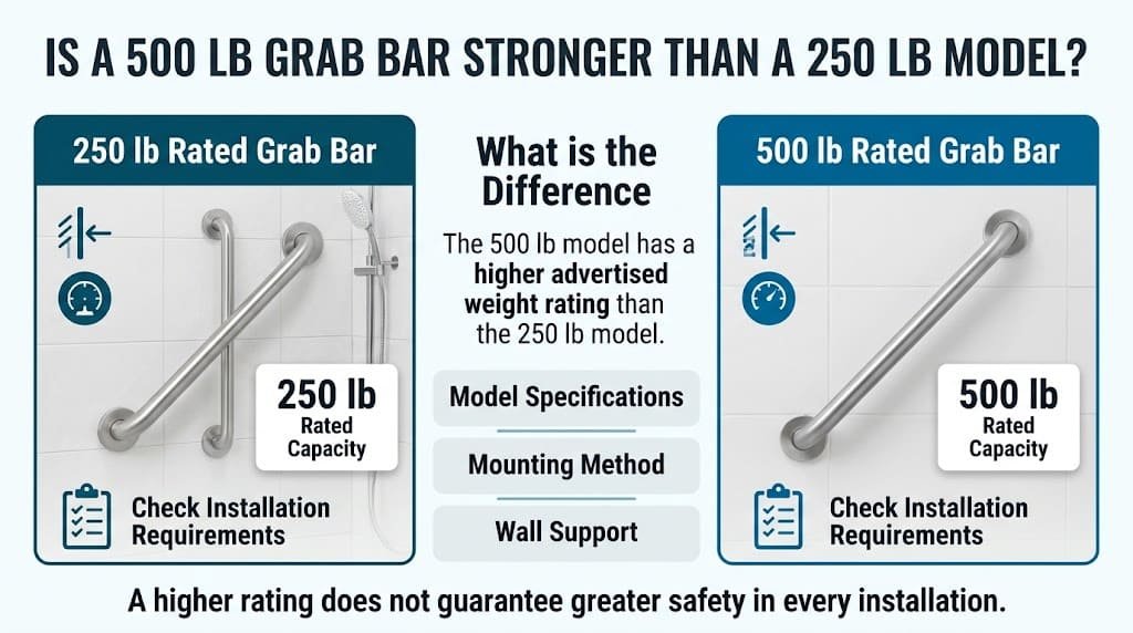 Infographic comparing example 250 lb and 500 lb bathroom grab bar ratings and showing why mounting method and wall support also matter.