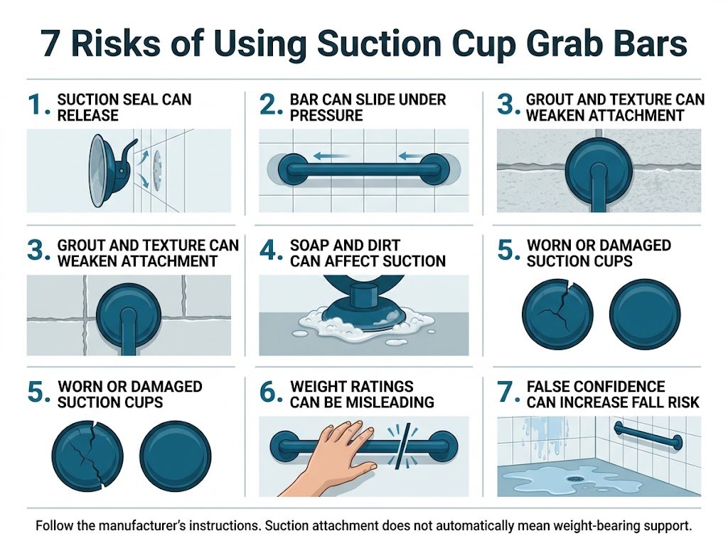 Infographic showing seven risks of suction cup grab bars, including seal failure, sliding, surface problems, wear, and weight-bearing concerns