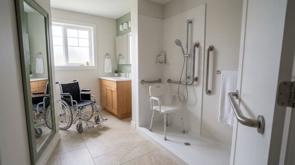 Accessible roll-in shower with a fold-down bench, grab bars, and open space for wheelchair access.