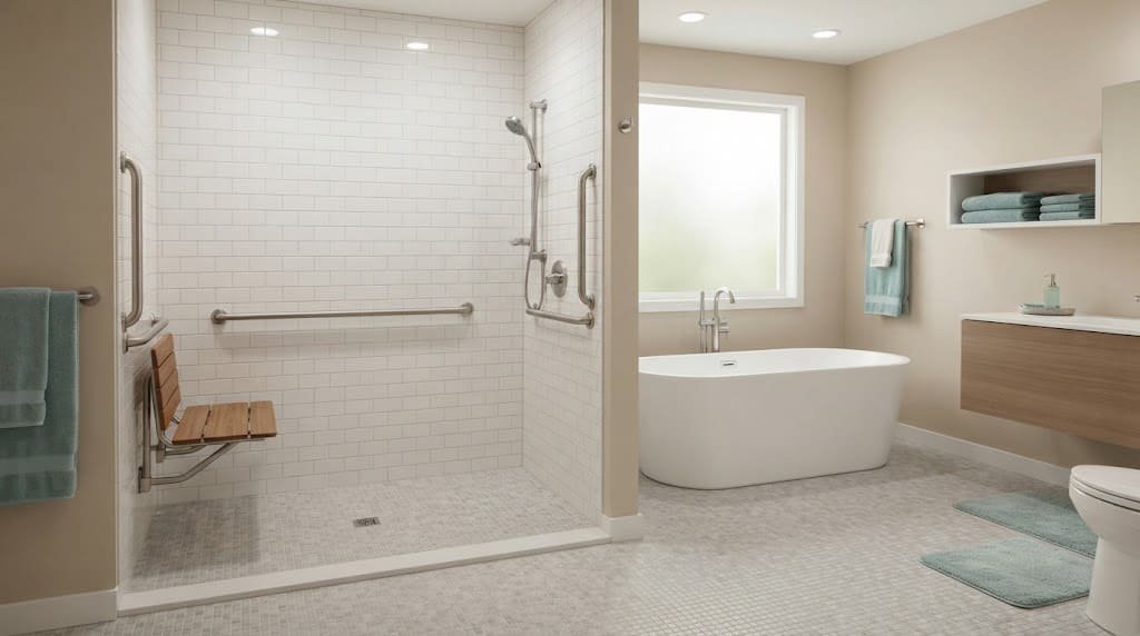 Accessible walk-in shower with a curbless entrance, grab bars, fold-down seat, and handheld showerhead.