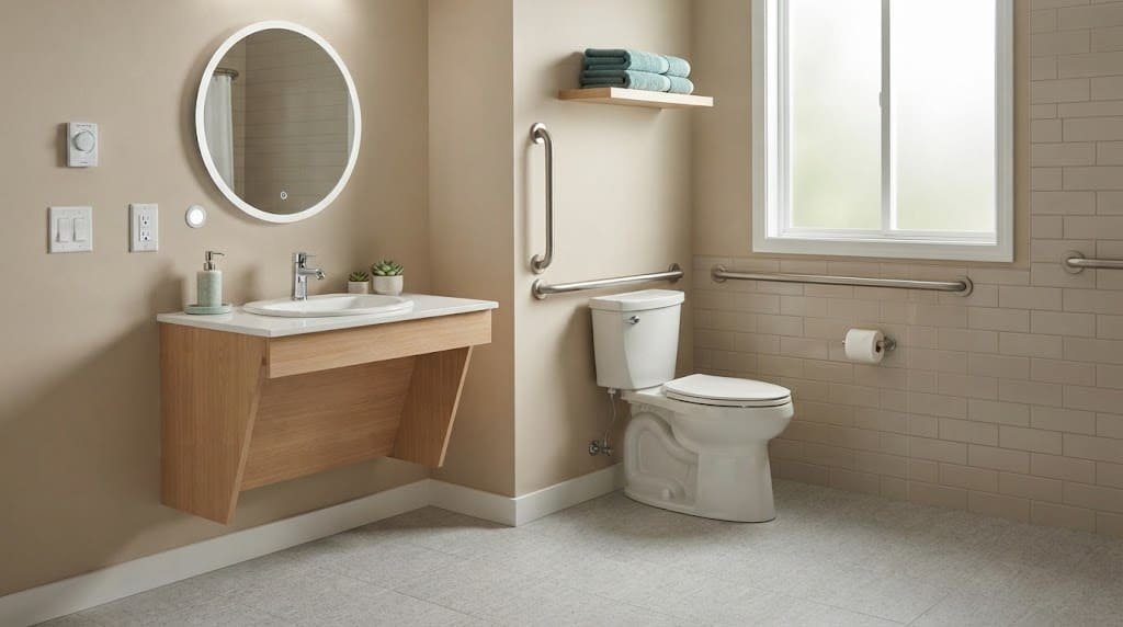 Accessible bathroom with a toilet grab bar, wall-mounted sink, lever faucet, and clear floor space.