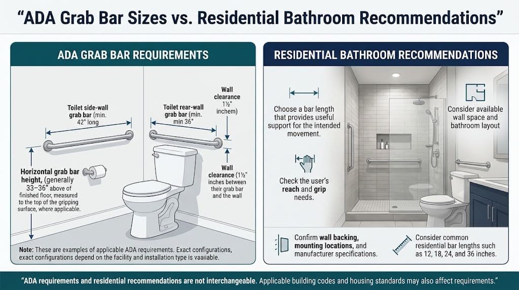 Infographic comparing ADA grab bar size requirements with residential bathroom grab bar recommendations.
