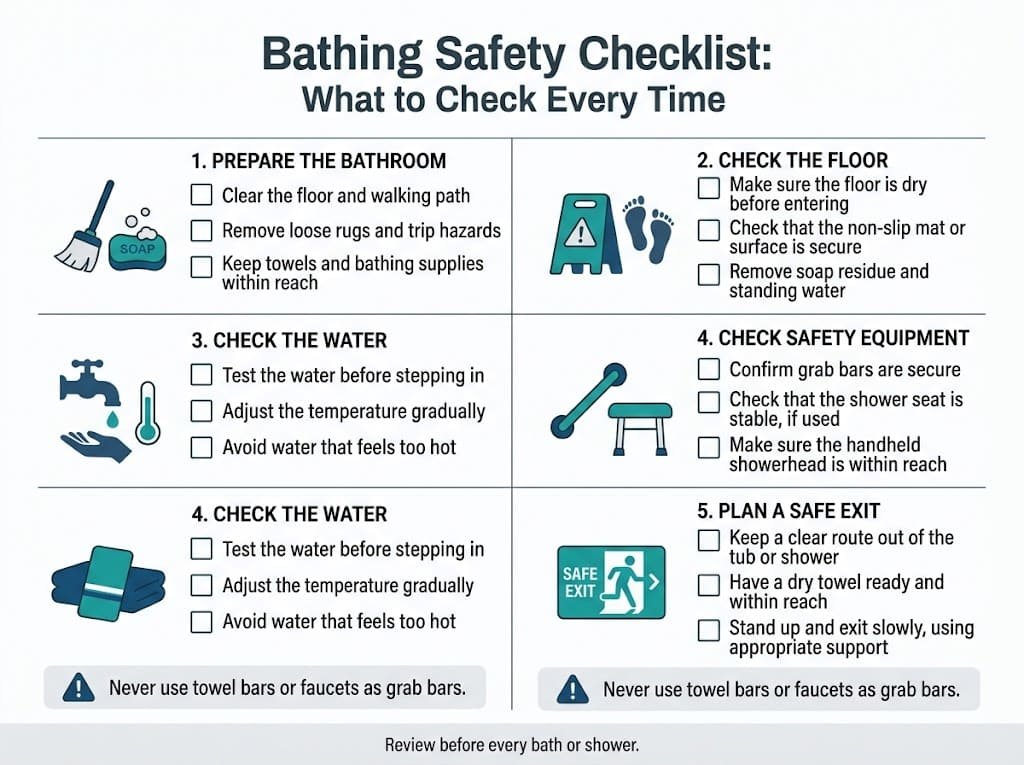 Bathing safety checklist infographic covering bathroom preparation, floor hazards, water temperature, safety equipment, and safe exit steps.