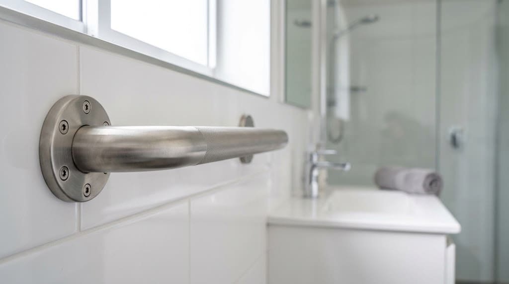 Close-up of a brushed stainless steel bathroom grab bar with a textured grip surface