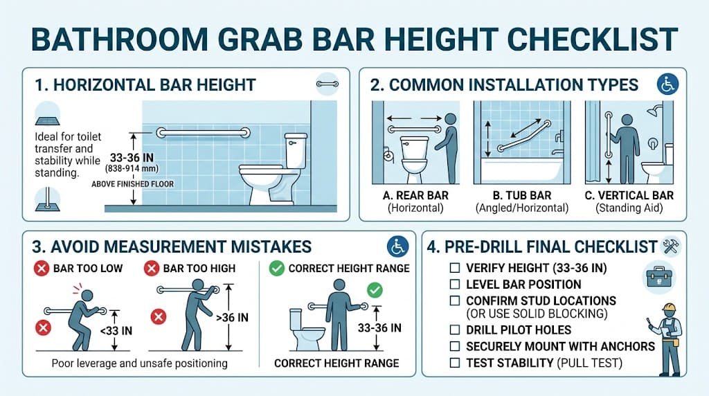 Infographic showing bathroom grab bar height measurements, bathtub rim reference points, common measuring mistakes, and an installation checklist.