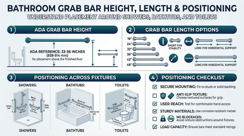 Bathroom grab bar height, length, and positioning diagram showing ADA reference height and grab bar placement in showers, bathtubs, and around toilets.