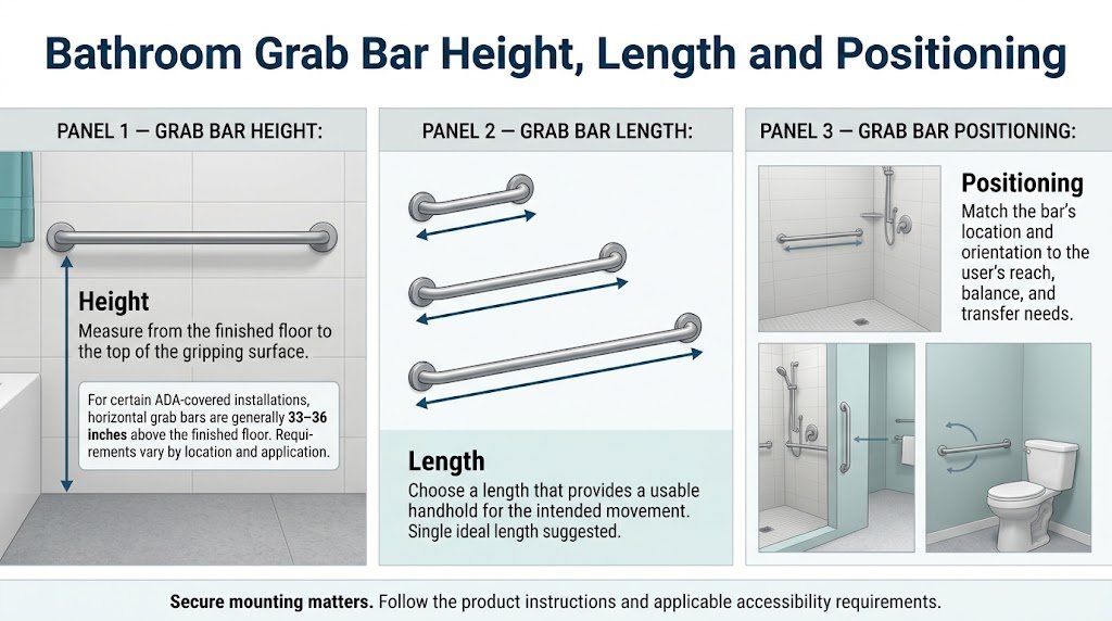 Infographic explaining bathroom grab bar height, length, and positioning for showers and toilets.