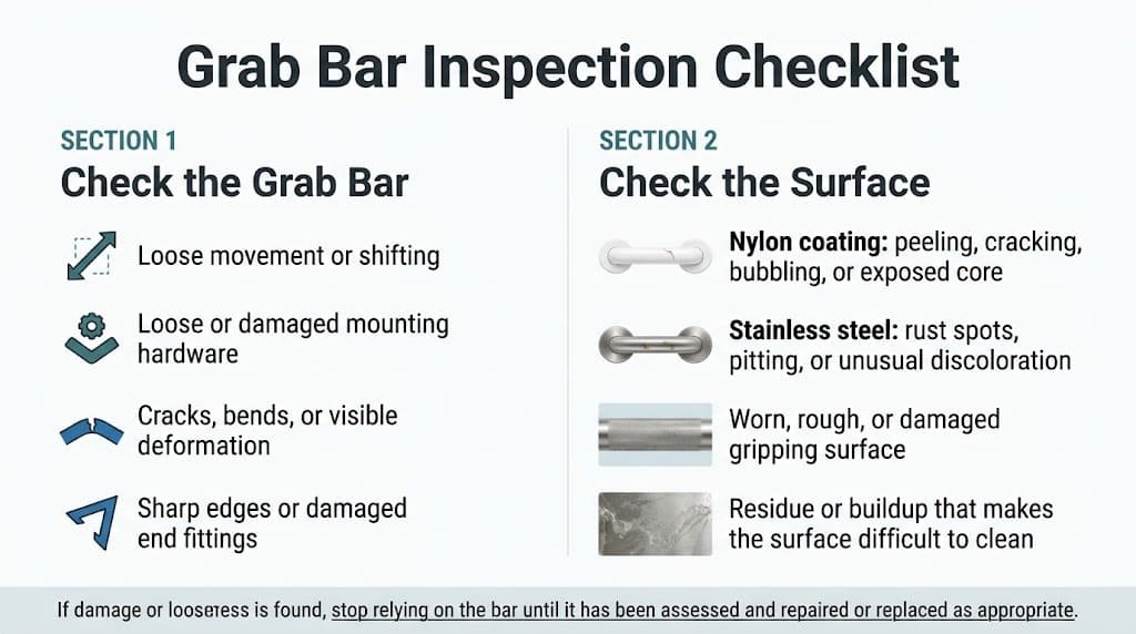 Grab bar inspection checklist showing loose hardware, surface damage, nylon coating wear, and stainless steel corrosion
