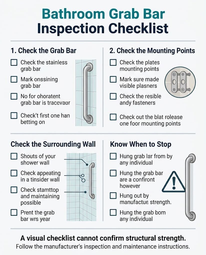 Bathroom grab bar inspection checklist showing what to check on the bar, mounting hardware, and surrounding wall, plus warning signs that require action.