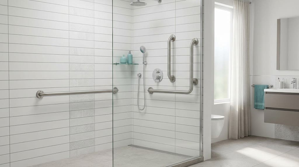 Horizontal, vertical, and L-shaped stainless steel bathroom grab bars