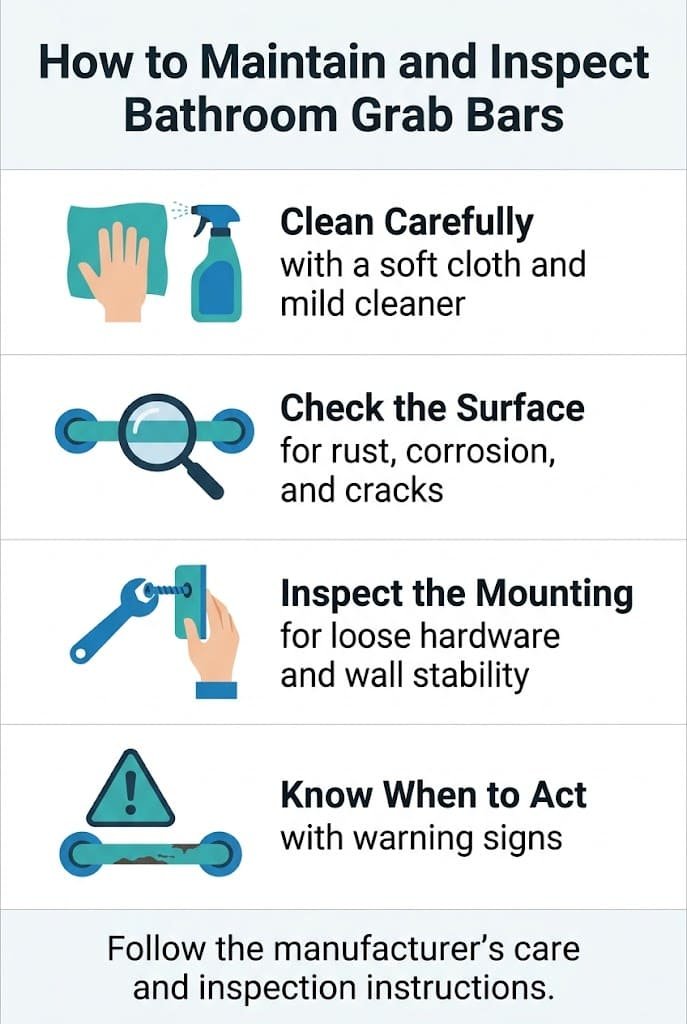 Infographic showing how to clean bathroom grab bars, inspect surfaces and mounting hardware, and identify signs of damage.