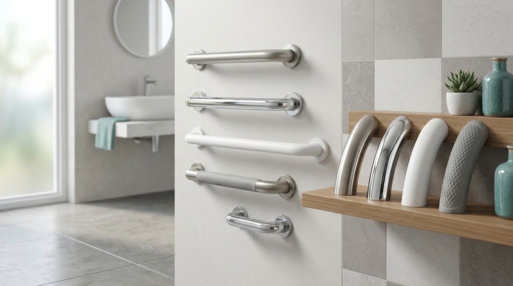 Brushed stainless steel, polished chrome, coated metal, and textured bathroom grab bar surfaces