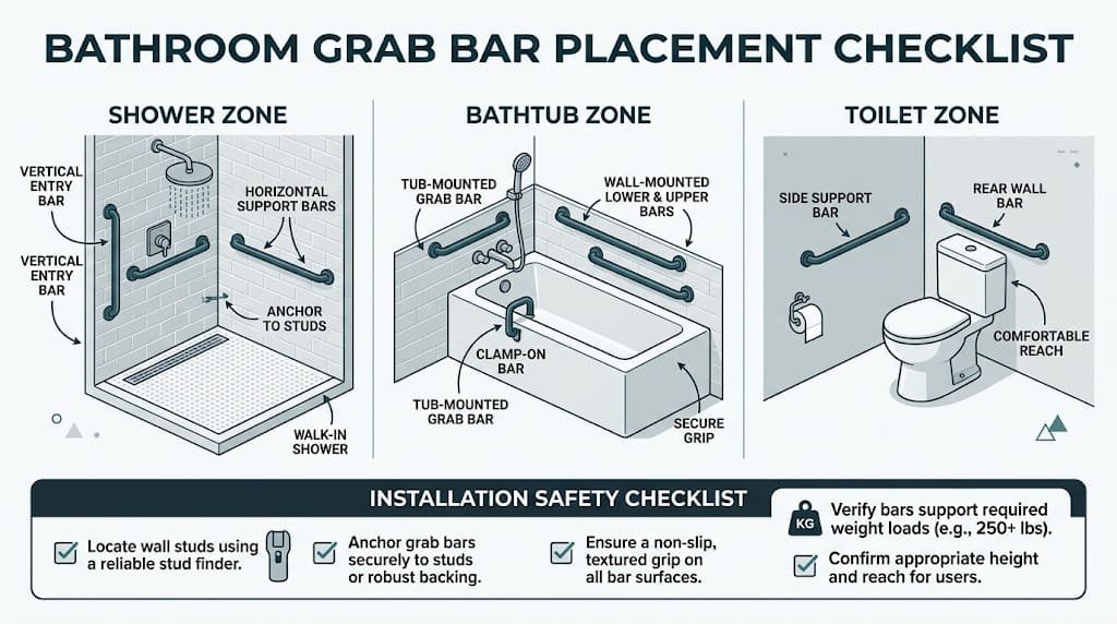 Infographic checklist showing bathroom grab bar placement in the shower, bathtub, and toilet area, with wall support, clearance, and installation safety checks.