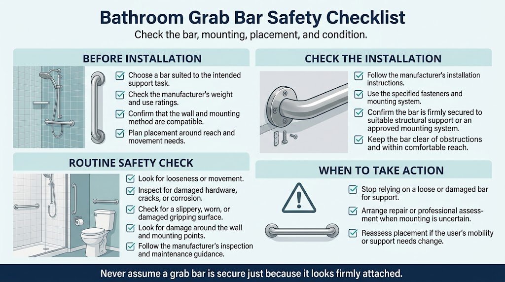 Bathroom grab bar safety checklist covering installation, secure mounting, placement, and routine inspection.