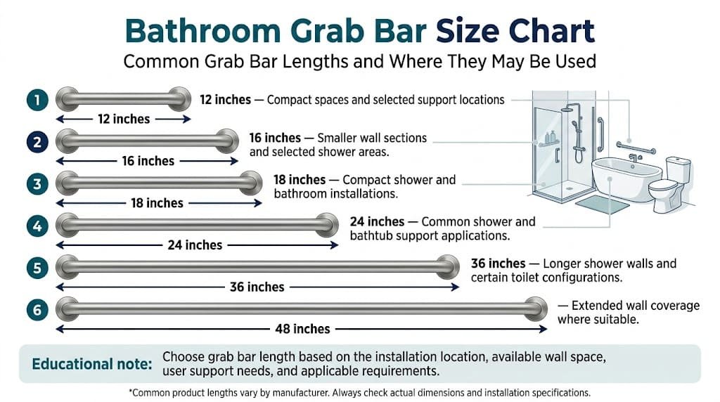 Bathroom grab bar size chart comparing 12, 16, 18, 24, 36, and 48-inch grab bars and their common uses.