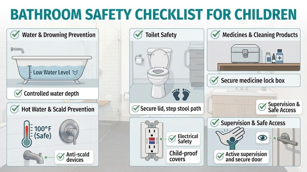 Bathroom safety checklist for children showing water, scald, medicine, toilet, electrical, and supervision safety