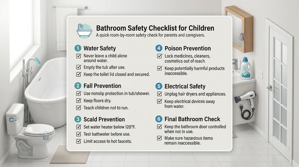 Bathroom safety checklist for children covering water, falls, scalds, poisoning, and electrical hazards