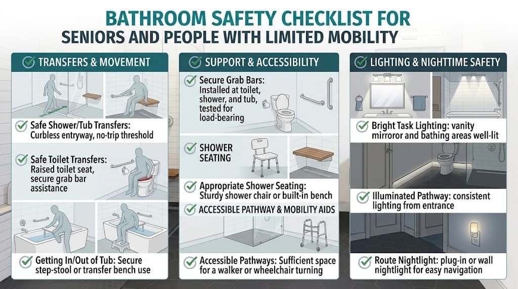 Bathroom safety checklist for seniors and people with limited mobility covering transfers, grab bars, accessibility, and nighttime lighting