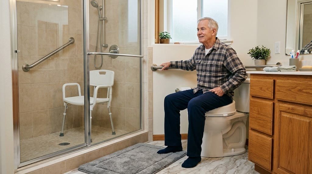 Bathroom safety equipment for seniors including grab bars and shower chair